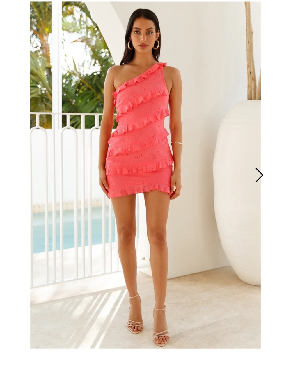 Hello Molly Coral One-Shoulder Ruffle Mini Dress
